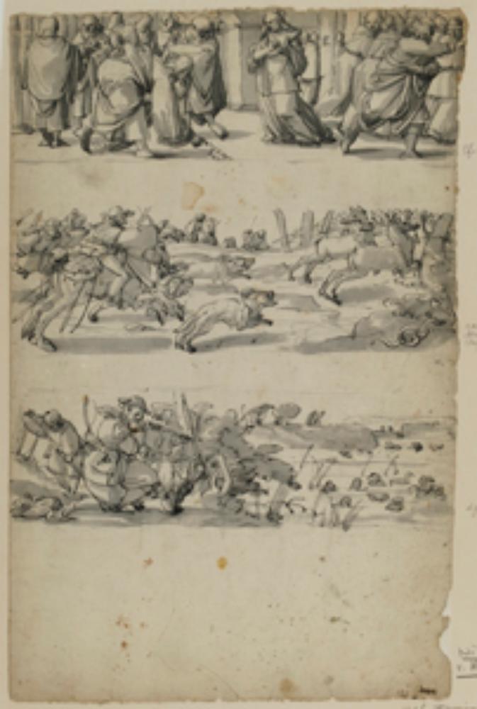 Christoph Murer (zugeschrieben) - Drei Entwürfe für Oberbilder: Christus und die Ehebrecherin, Hirschjagd, Entenjagd