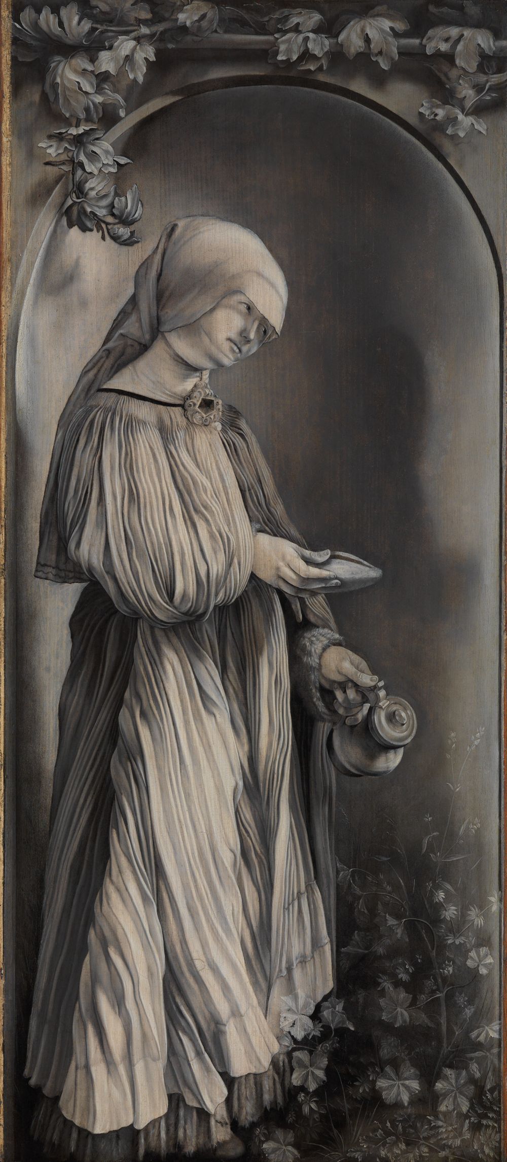 Die Heilige Elisabeth von Thüringen von Matthias Grünewald zeigt die Heilige Elisabeth, eine Frau in königlicher Kleidung. Sie hält einen Korb mit Brot.