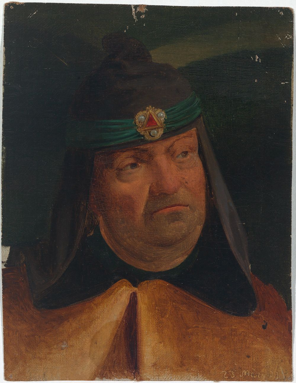 Adolf Schrödter - Studie des Kopfes eines Mannes mit Schmuckstirnband über Kapuze
