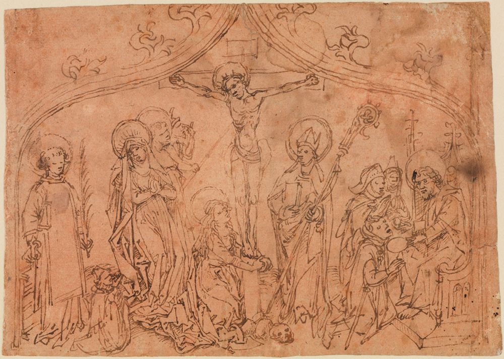 Meister der Gewandstudien - Altarskizze (?) mit der Kreuzigung Christi, zwei Heiligen und Pilgerkommunion