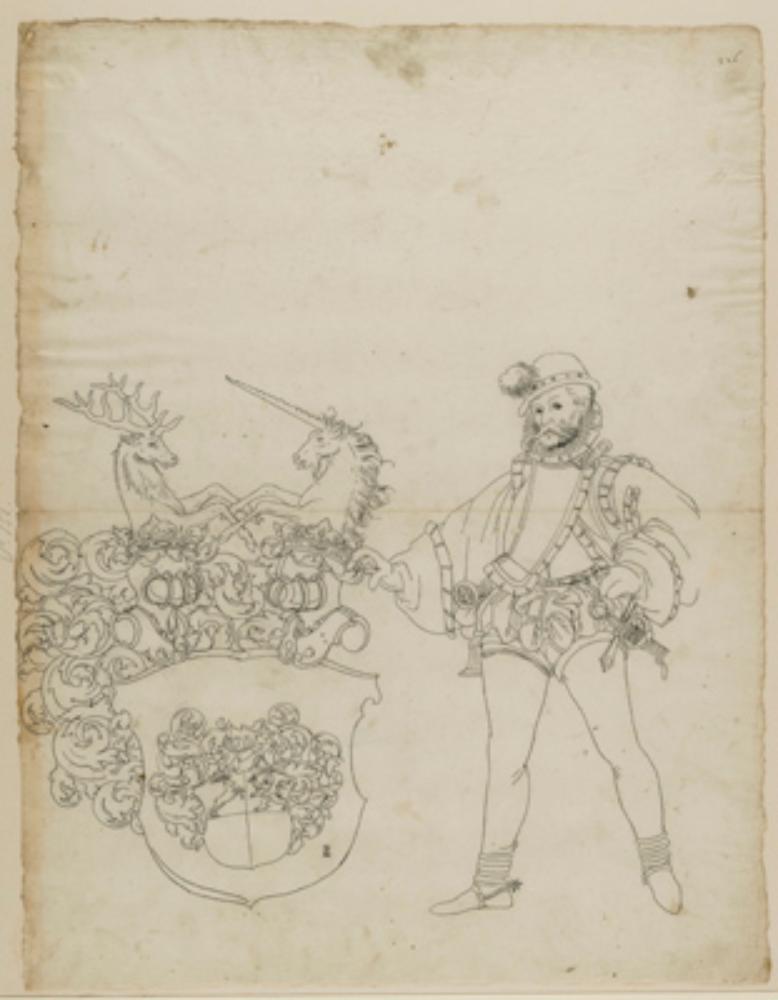 Bartholomäus Lingg - Riss mit Halbartier als Schildbegleiter und leerem Wappenschild, im Oberbild Bärenjagd