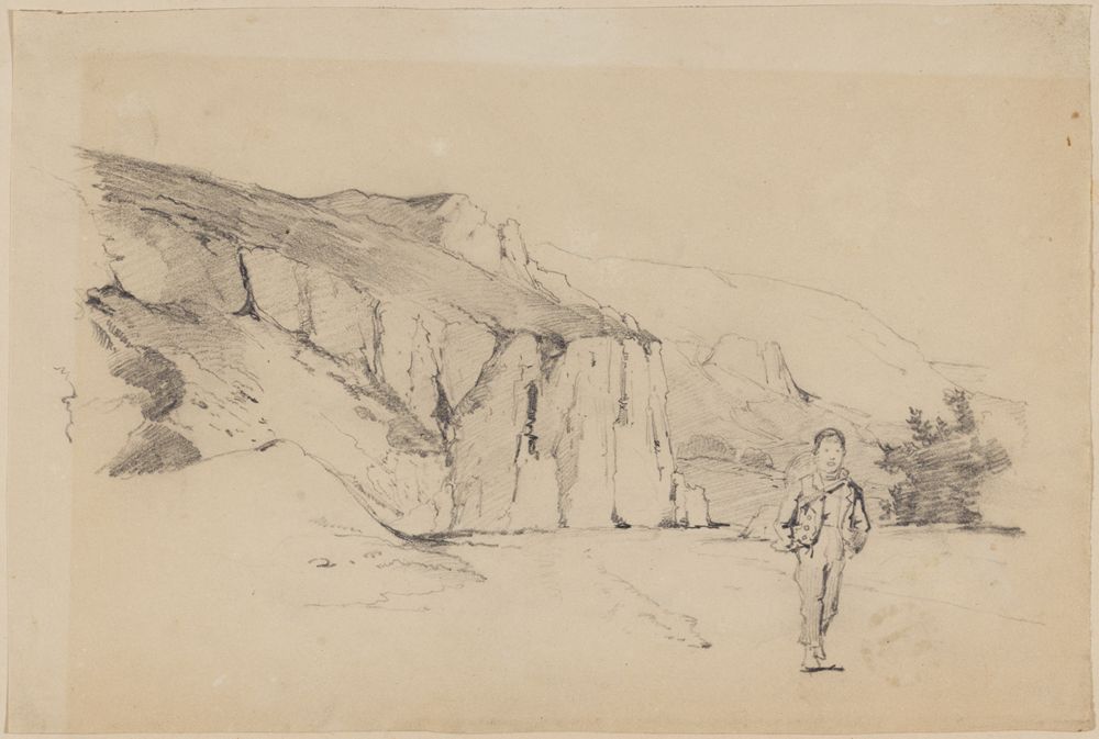 Johann Baptist Kirner - Landschaftsstudie: Blick auf Felsen und einen Jungen im Vordergrund