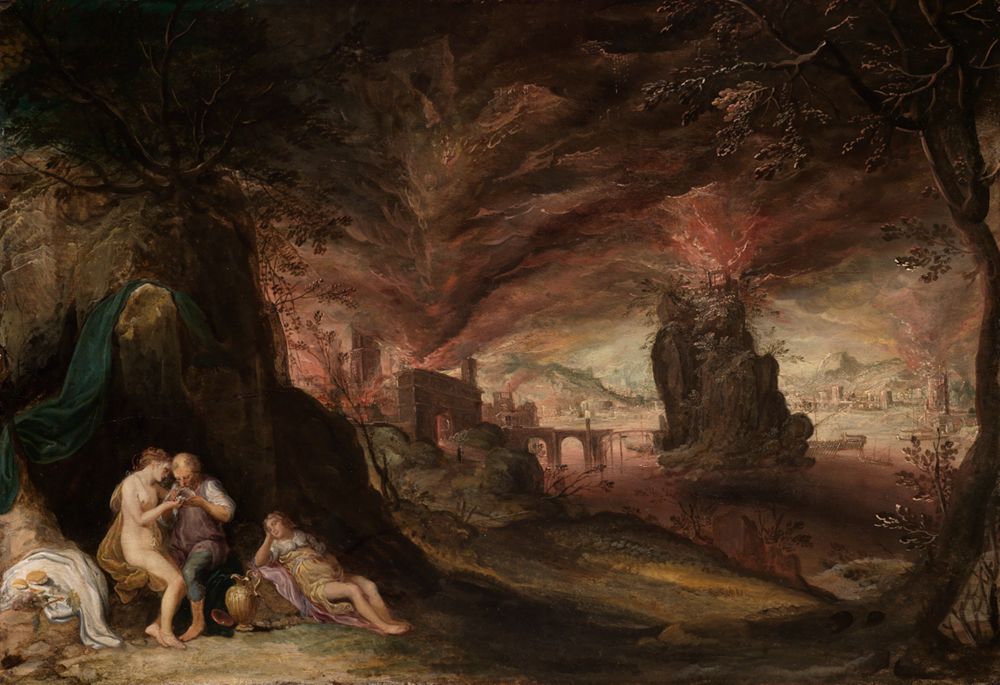 Kerstiaen de Keuninck (1560) - Lot und seine Töchter, im Hintergrund die brennenden Städte Sodom und Gomorrha