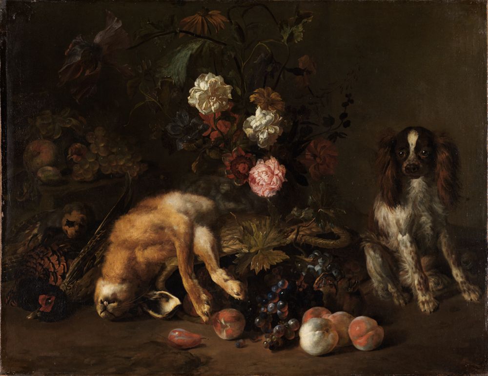 Nicolas de Largillierre - Stillleben mit erlegtem Wild, Blumen, Früchten und einem Spaniel
