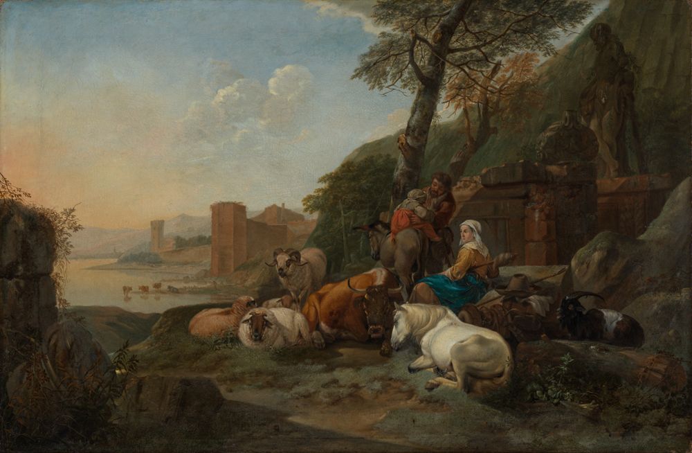 Joh. Heinrich Roos - Hirtenfamilie mit lagernder Herde in südlicher Landschaft