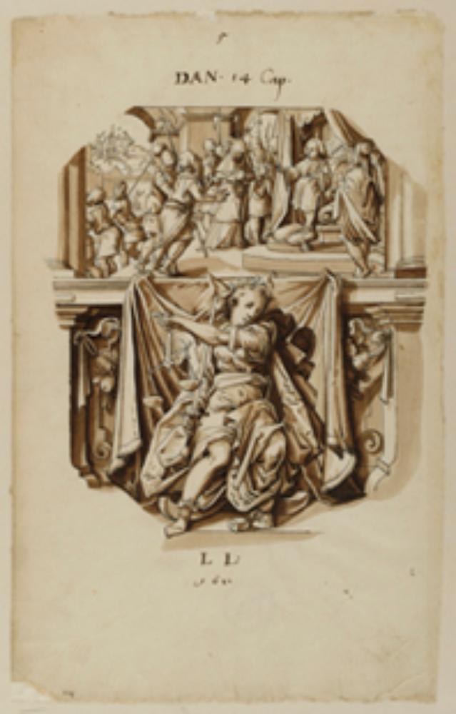 Bartholomäus Lingg (zugeschrieben) - Riss mit Schildhalter und nicht identifiziertem Wappen, im Oberbild ländliche Szenen