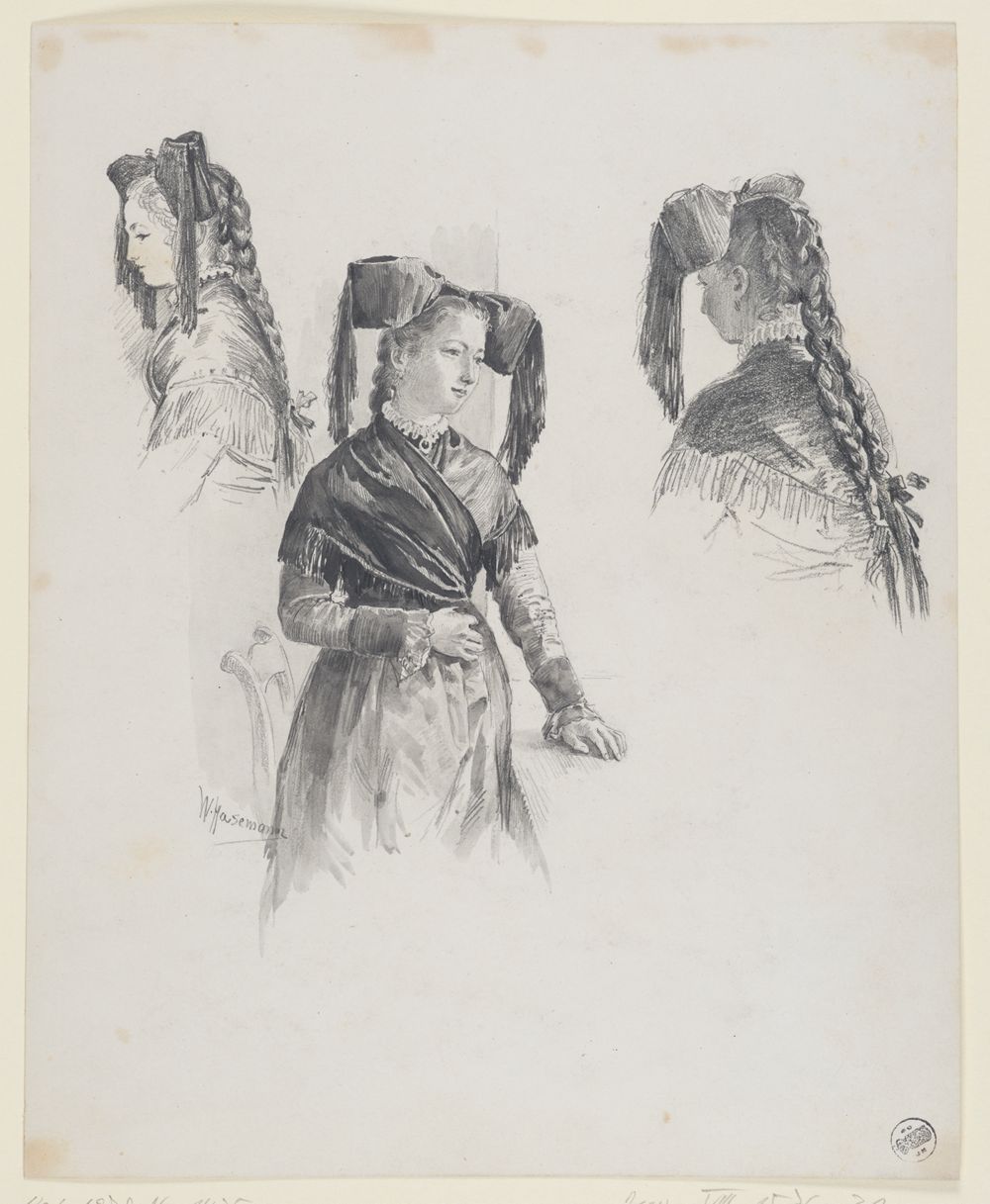 Wilhelm Gustav Friedrich Hasemann - Drei Studien nach einem Mädchen in Markgräfler Tracht (32 Illustrationsentwürfe, Blatt 31)