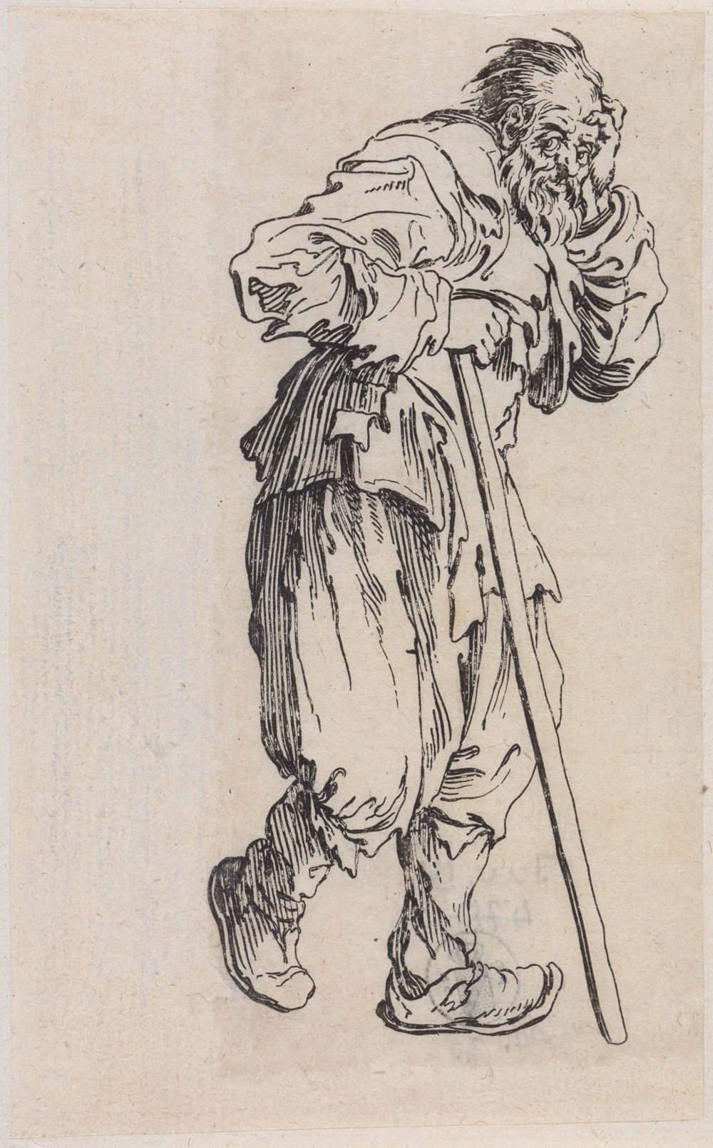 Jacques Callot - Bettler mit Stock, schelmisch zur Seite blickend