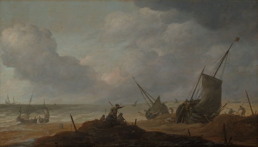 Pieter Mulier (1600) - Strandszene mit Blick auf ein bewegtes Meer mit zahlreichen Schiffen