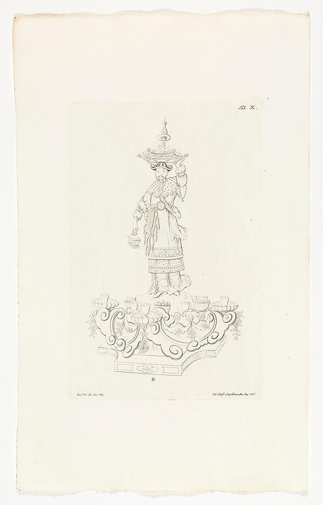 Johann Christian Leopold - Männliche chinesische Figur auf Postament, mit dem linken erhobenen Arm eine Schale auf dem Kopf balancierend