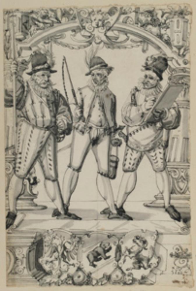 Niklaus von Riedt - Riss mit drei Männern, einer mit Spieß, einer mit Peitsche und einer mit Schreibtafel, darunter die Wappen des Deutschen Reichs, von Bern und Schaffhausen