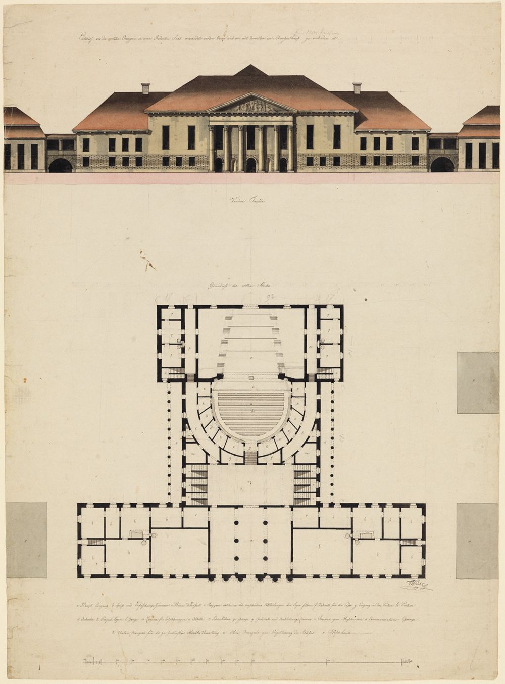 Friedrich Weinbrenner (1766) - Karlsruher Hoftheater, Vorentwurf Grundriss EG und Hauptansicht