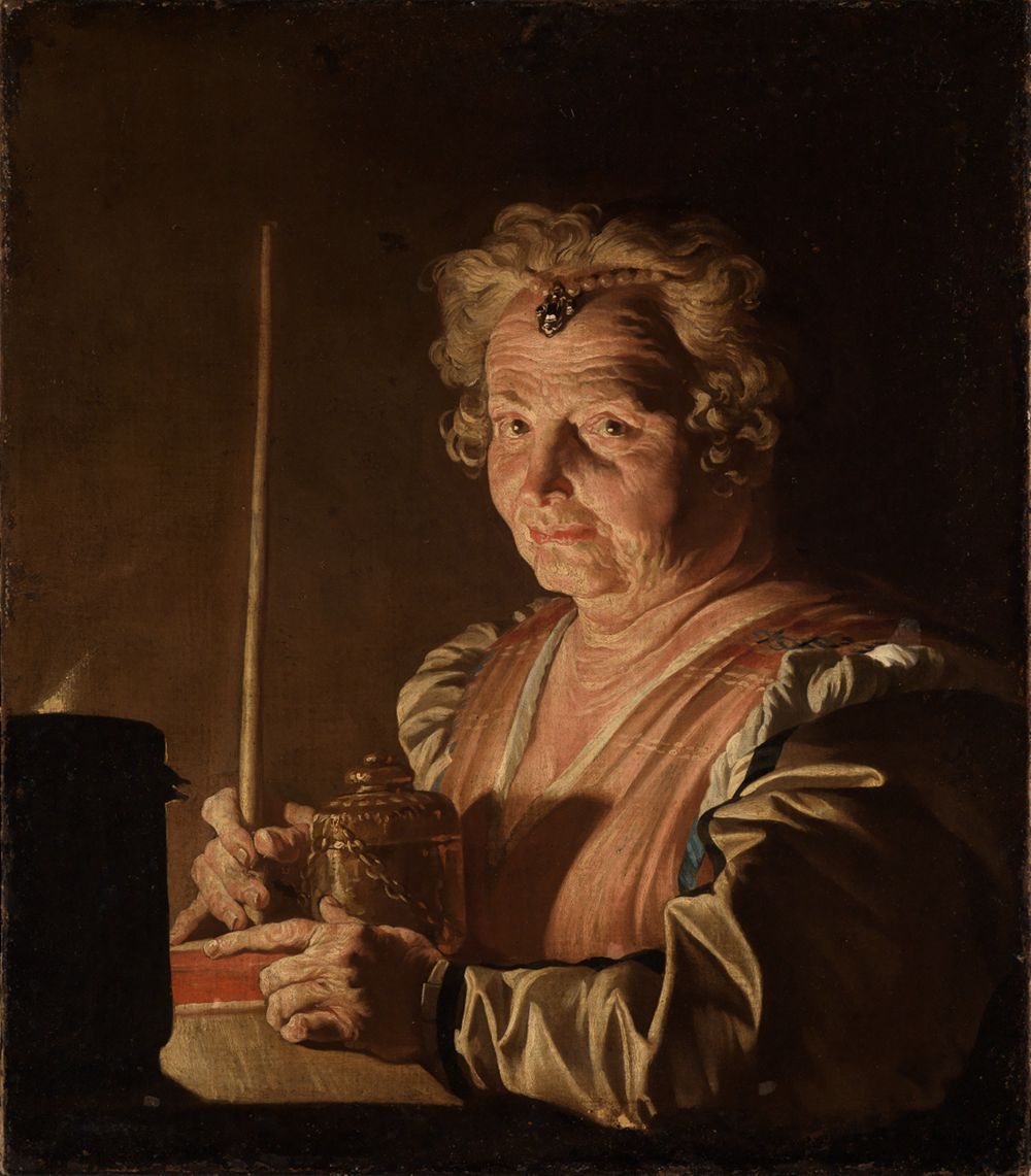 Matthias Stomer - Alte Frau mit Buch und Räuchergefäss bei Kerzenlicht