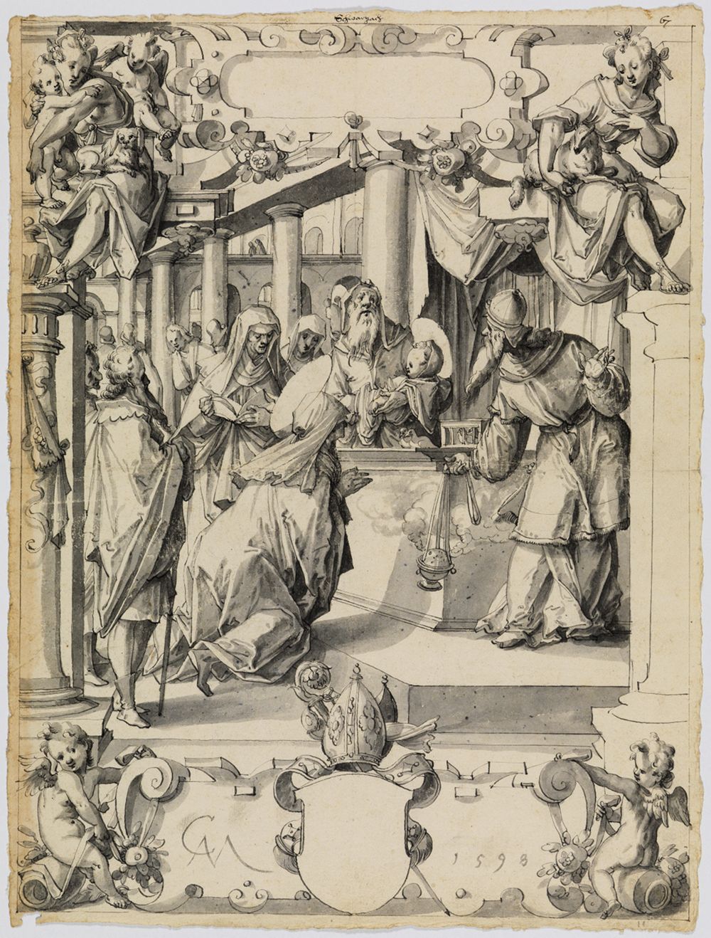 Christoph Murer - Riss mit Darstellung Christi, darunter leerer Schild eines Abtswappens, in den o. Eckbildern Caritas und Patientia,