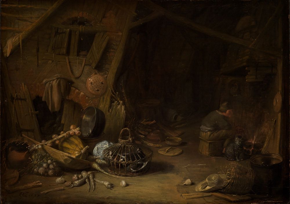 Frans Rijckhals - Inneres eines Bauernhauses, mit einem Bauern am Kamin
