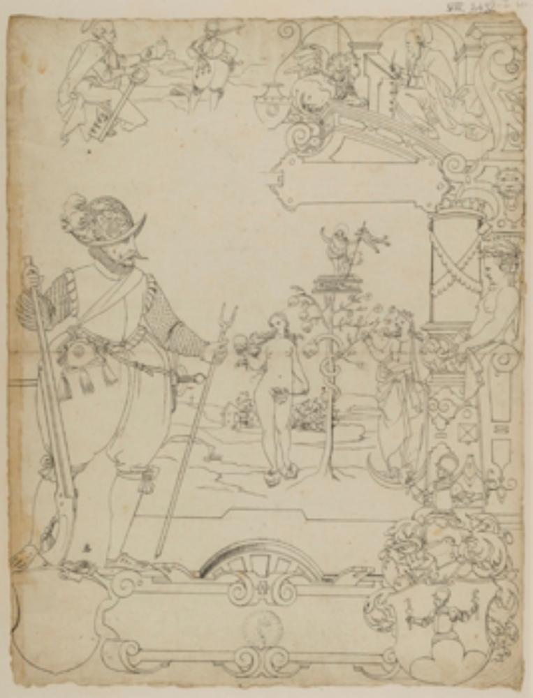 Bartholomäus Lingg - Riss mit Musketier und Lebensbaum, darunter l. leerer Wappenschild und r. nicht identifiziertes Wappen, im Oberbild Petrus und Evangelist Markus
