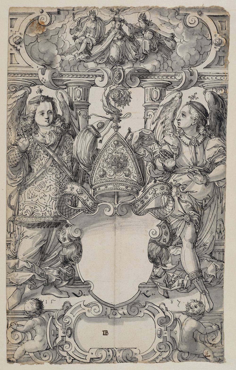 Daniel Lindtmayer (1552) - Riss mit zwei Engeln als Schildbegleiter und leerer Schild eines Abtswappens, im Oberbild Marienkrönung