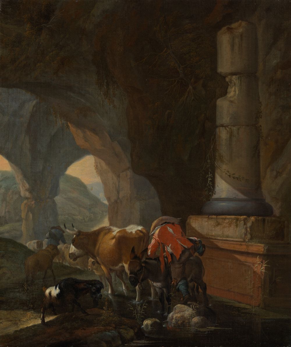 Joh. Heinrich Roos - Hirt und Herde in einer Berghöhle mit antikem Mauerwerk