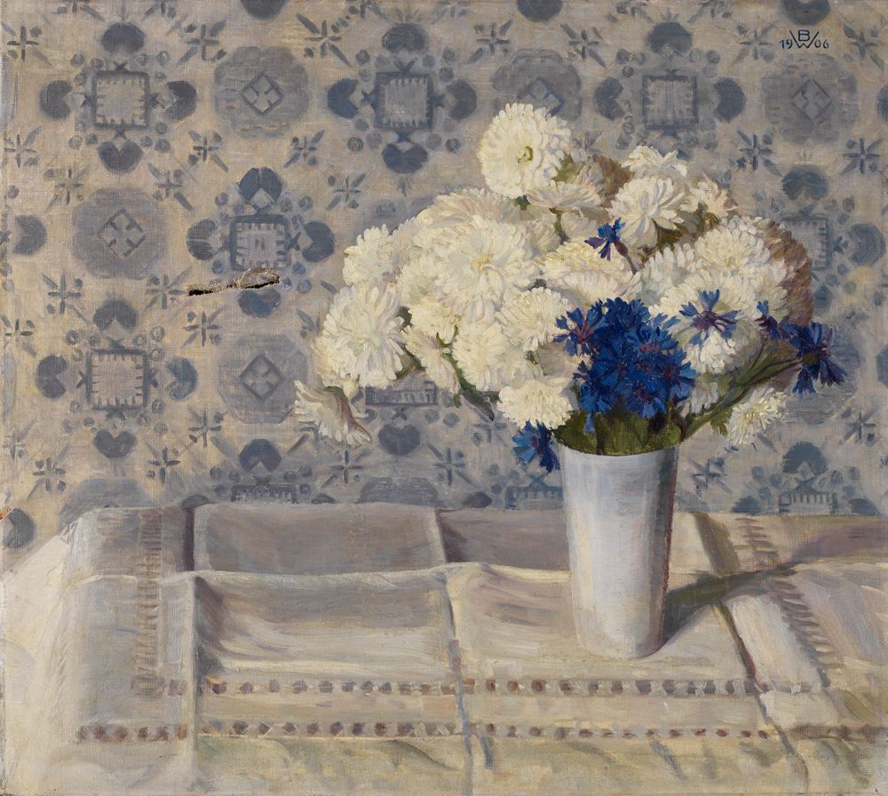 Berta Welte - Blumenstilleben mit Kornblumen und weissen Astern