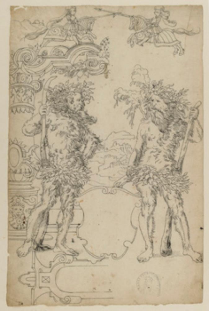 Bartholomäus Lingg - Riss mit zwei wilden Männern als Schildhaltern und leerem Wappenschild, im Oberbild Ritterzweikampf