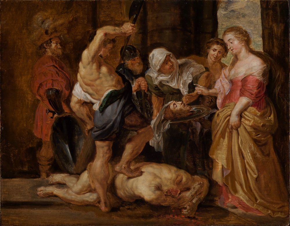 Peter Paul Rubens zeigt einen kräftigen Mann mit langem Haar und Bart. Er trägt ein einfaches Gewand aus Fell. In einer Hand hält er ein Kreuz aus Holz.