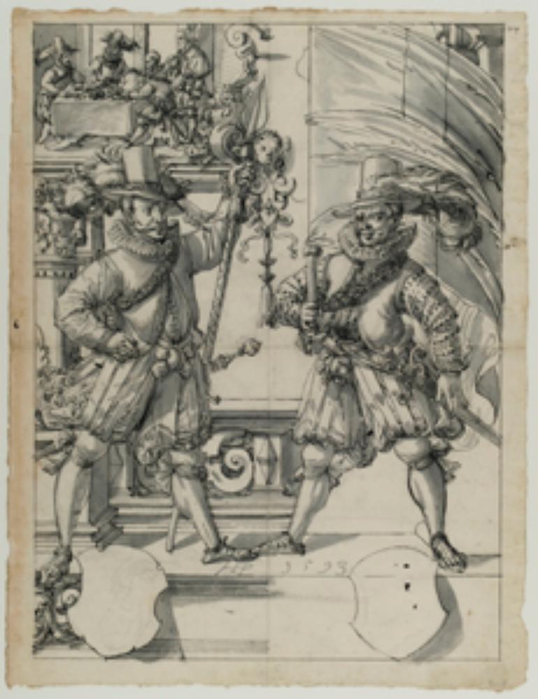 Hans Jakob Plepp - Riss mit Spießer und Bannerträger, darunter zwei leere Wappenschilde, im Oberbild Geldwechsler