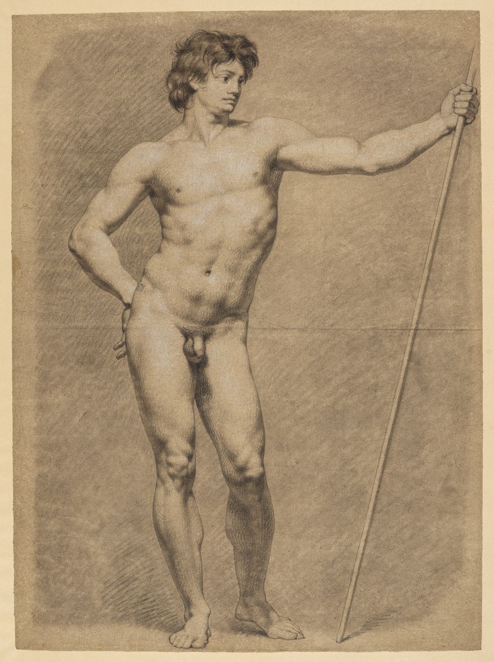 Philipp Jakob Becker - Stehender, mit der linken Hand einen aufgestellten Stab haltend, die Rechte auf die Hüfte abgestützt (13 Blätter mit verschiedenen Aktstudien nach A. R. Mengs, Blatt 2)