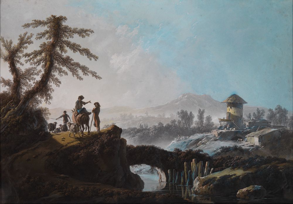 Jean Pillement - Bergige Landschaft mit einem überbrückten Wasserlauf und Hirten mit ihrer Herde (Der Winter)