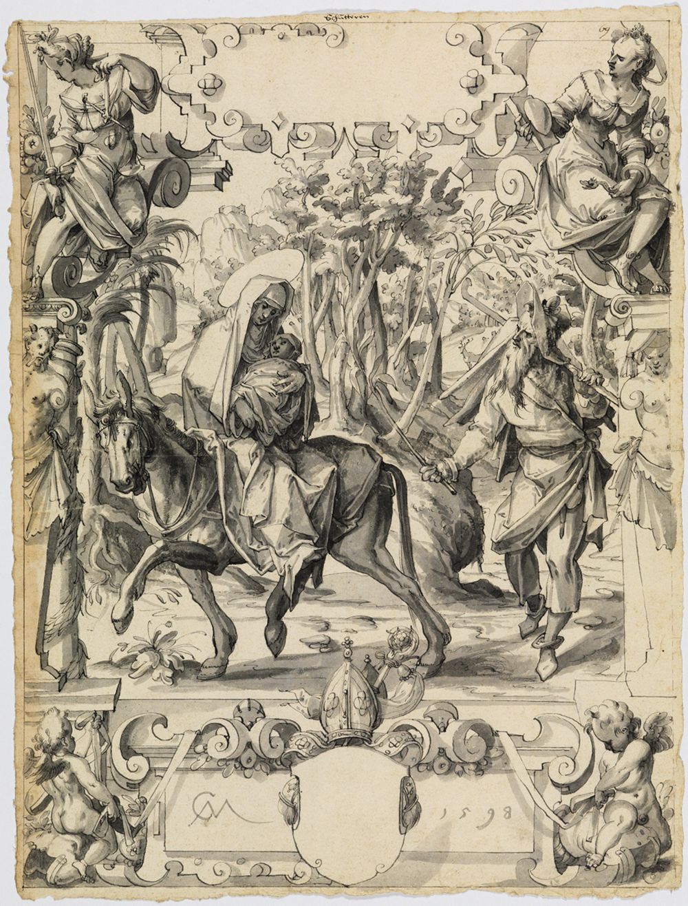 Christoph Murer - Riss mit Flucht nach Ägypten, darunter leerer Schild eines Abtswappens, in den o. Eckbildern Justitia und Prudentia
