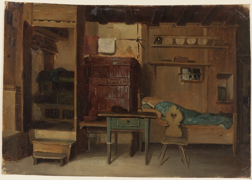 Johann Baptist Kirner - Schwarzwälder Bauernstube mit Bett und Sitzbank am Kachelofen