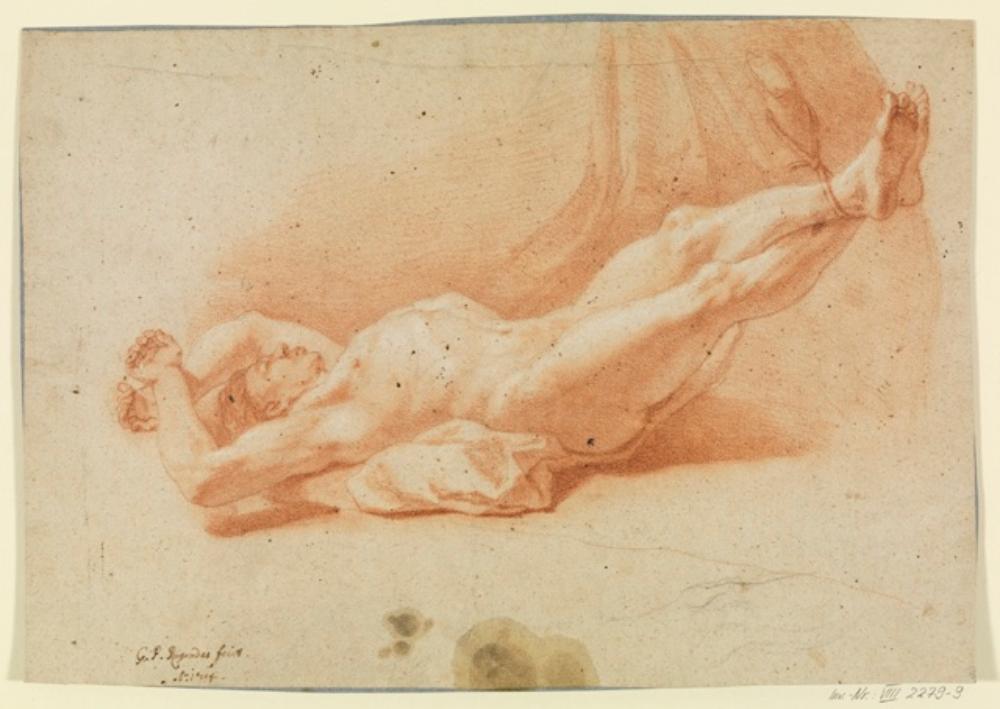 Georg Philipp Rugendas (1666) - Männlicher Akt, auf dem Rücken liegend, mit hochgebundenen Füßen