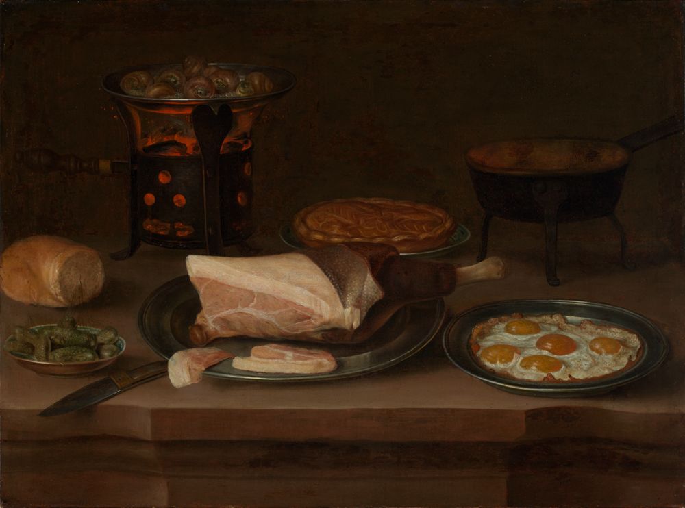 Pierre Antoine Fraichot zugeschrieben - Frühstücksstillleben mit Schinken, Spiegeleiern und Schnecken