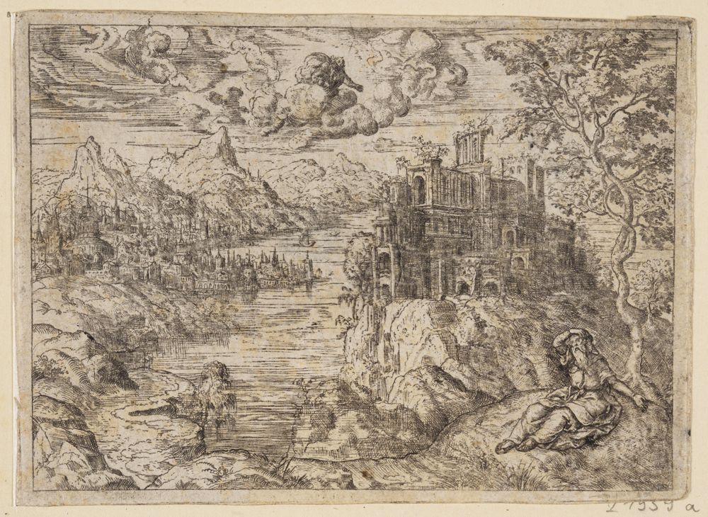 Lautensack-Nachfolge - Landschaft mit Felsenschloss (Gott erscheint Abraham?)