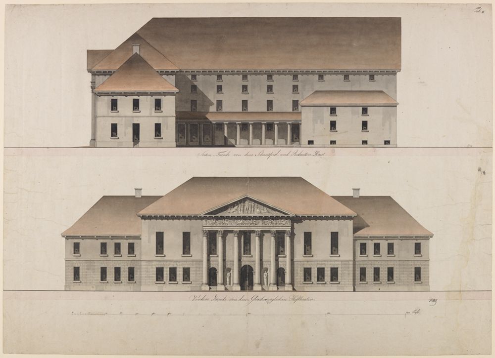 Friedrich Weinbrenner - Karlsruher Hoftheater, Haupt- und Seitenansicht