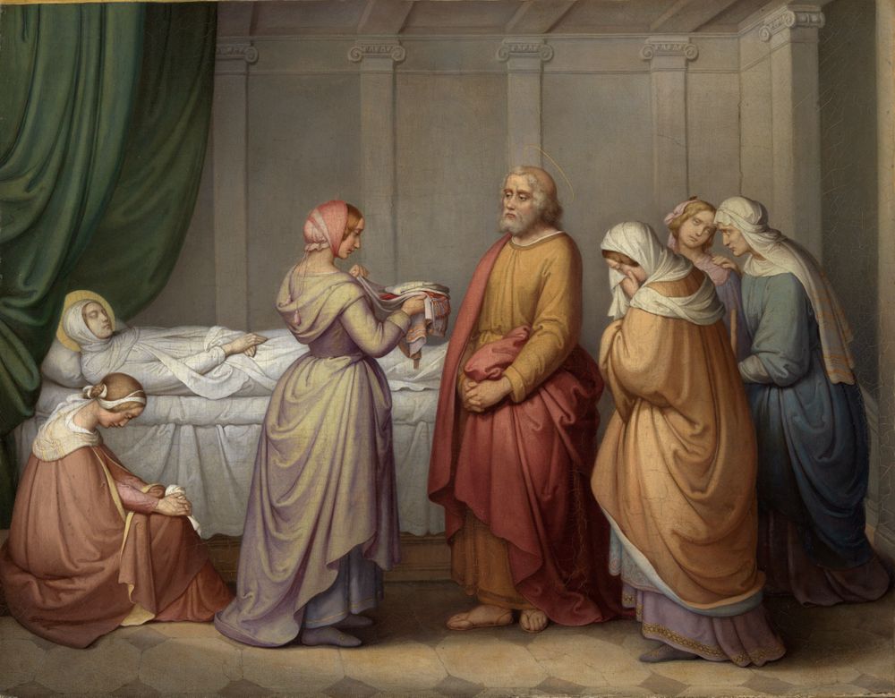 In der Mitte steht der Apostel Petrus neben einer toten Frau, Tabitha. Er hebt seine Hand zum Gebet oder zur Segnung.