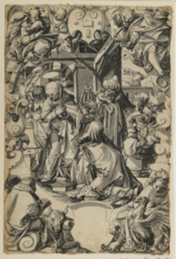 Christoph Murer (Umkreis) - Riss mit Anbetung der Könige, darunter leerer Wappenschild, in den Eckbildern die vier Evangelisten