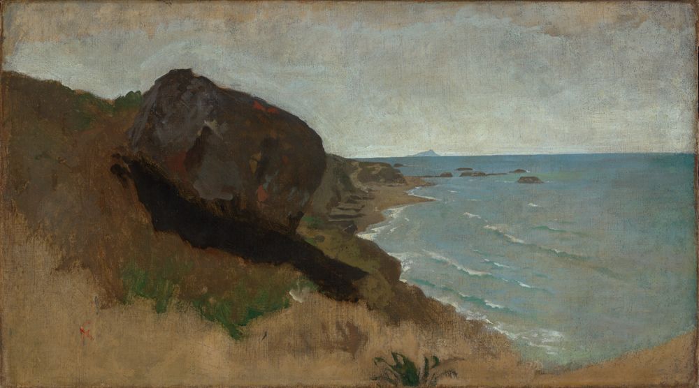 Das Gemälde zeigt eine felsige Küste bei Porto Anzio. Das Meer breitet sich ruhig aus und trifft sanft auf die Felsen. Der Himmel ist weit und klar, mit nur wenigen Wolken.