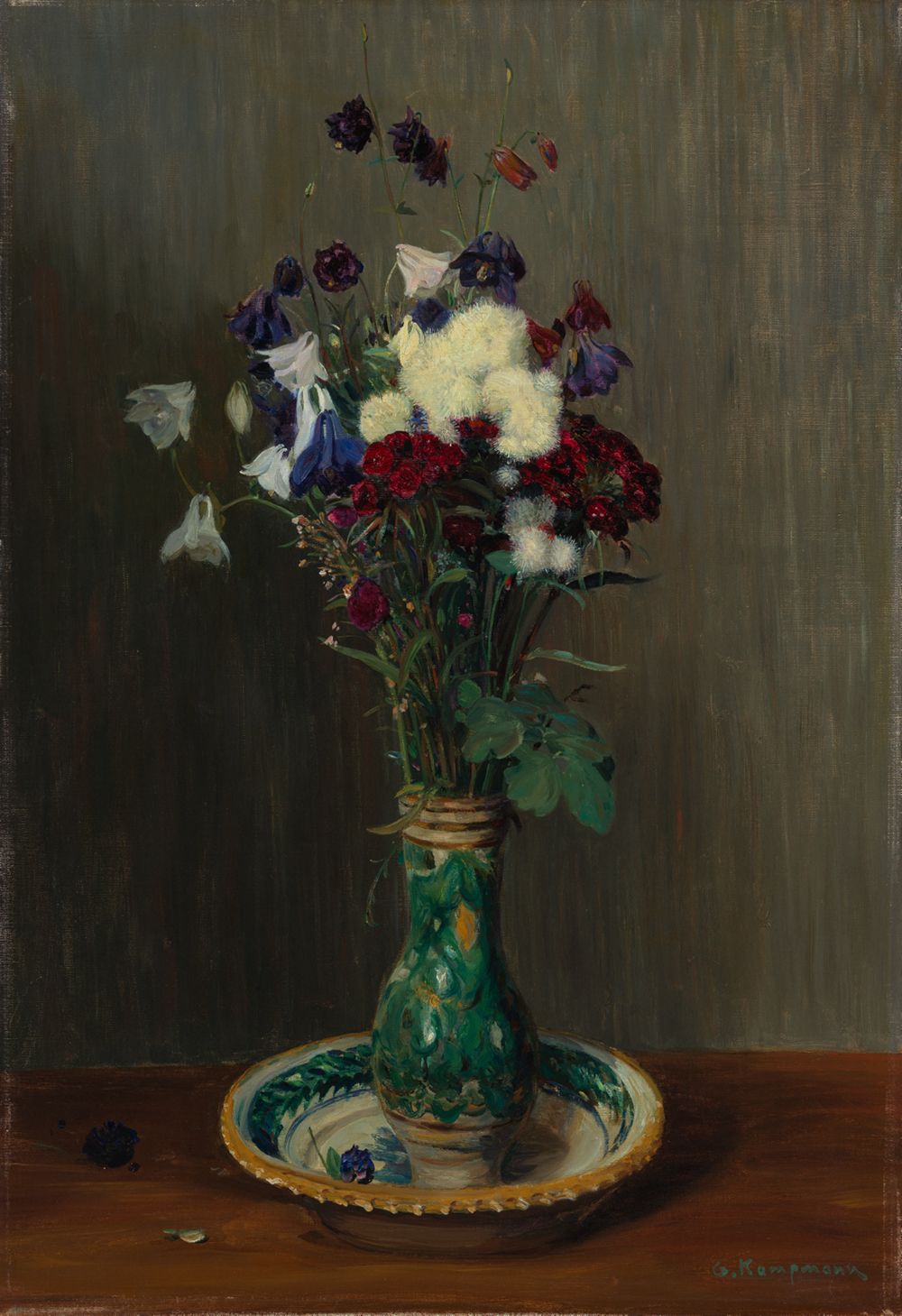 Gustav Kampmann - Akeleien und Nelken in grüner Vase