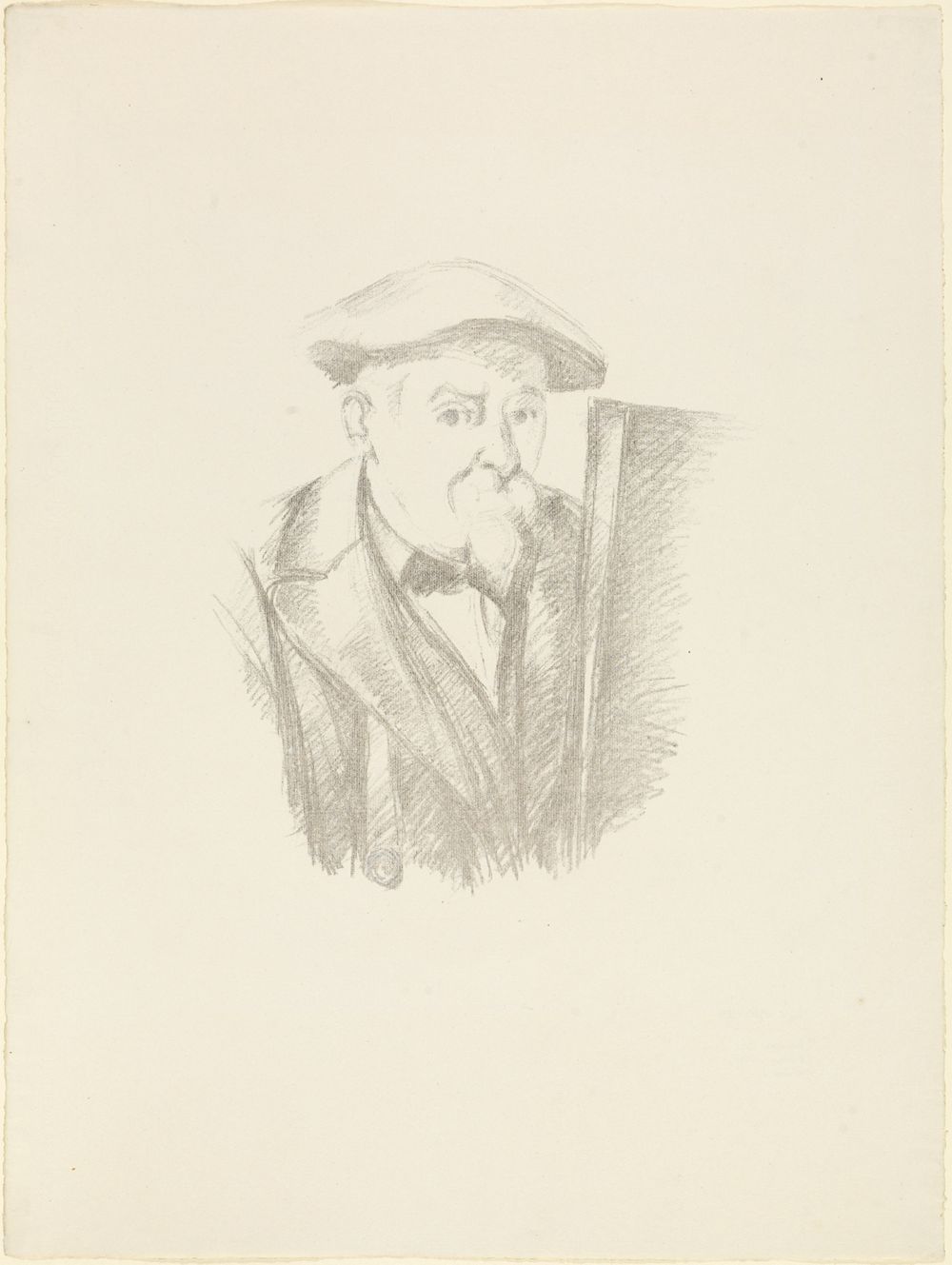 Das Selbstbildnis von Cézanne zeigt den Maler in einer ernsten Pose. Der Hintergrund ist einfach und unscharf, sodass der Fokus ganz auf ihm liegt.