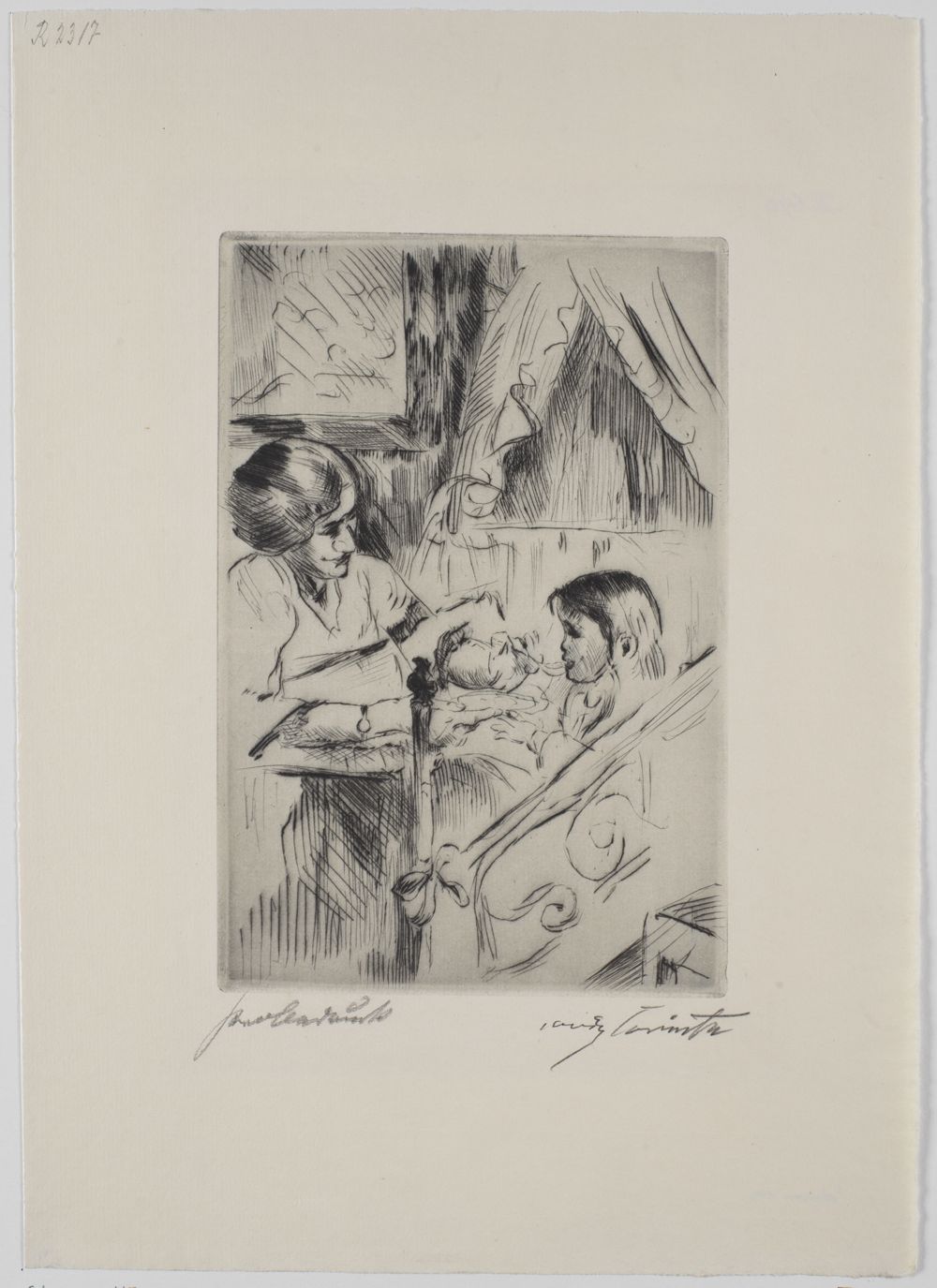 Lovis Corinth - Kind im Bett und Mutter