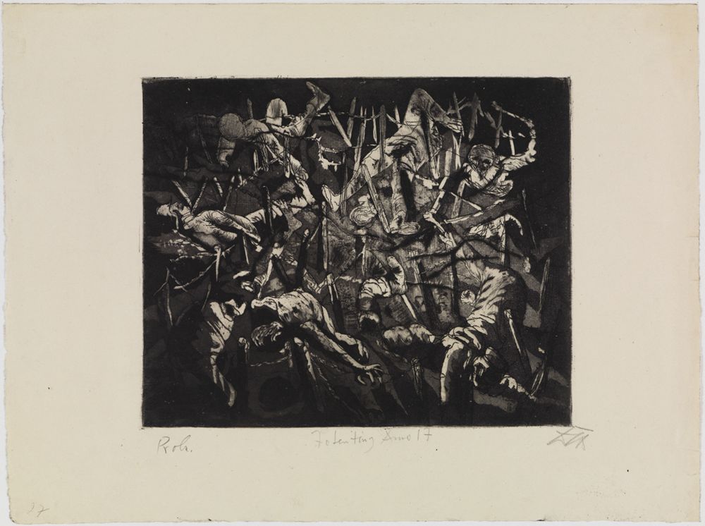 Otto Dix zeigt eine düstere Szene, in der Skelette und lebende Menschen zusammen tanzen.