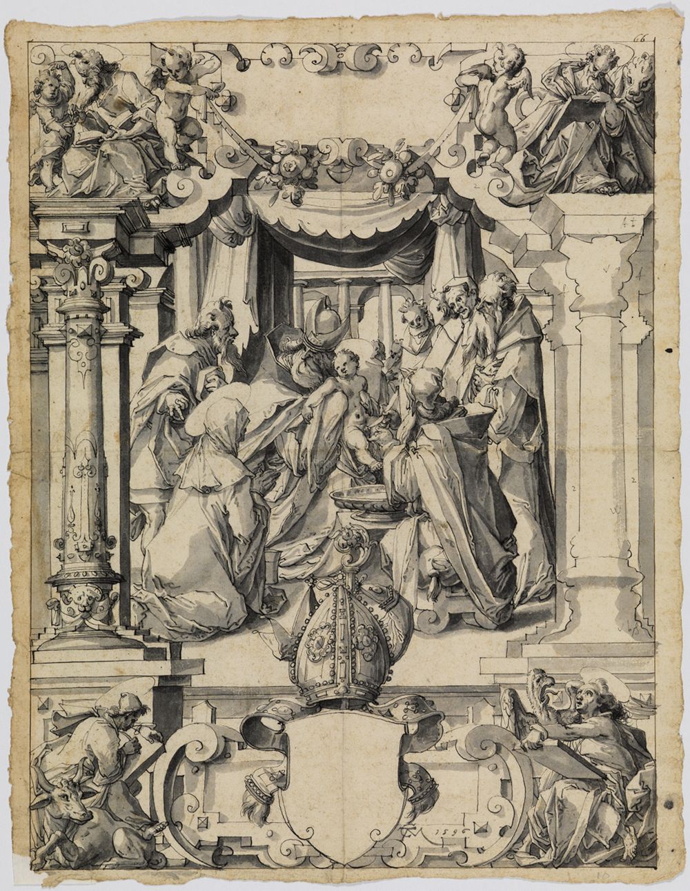 Christoph Murer - Riss mit Beschneidung Christi, darunter leerer Schild eines Abtswappens, in den Eckbildern die vier Evangelisten