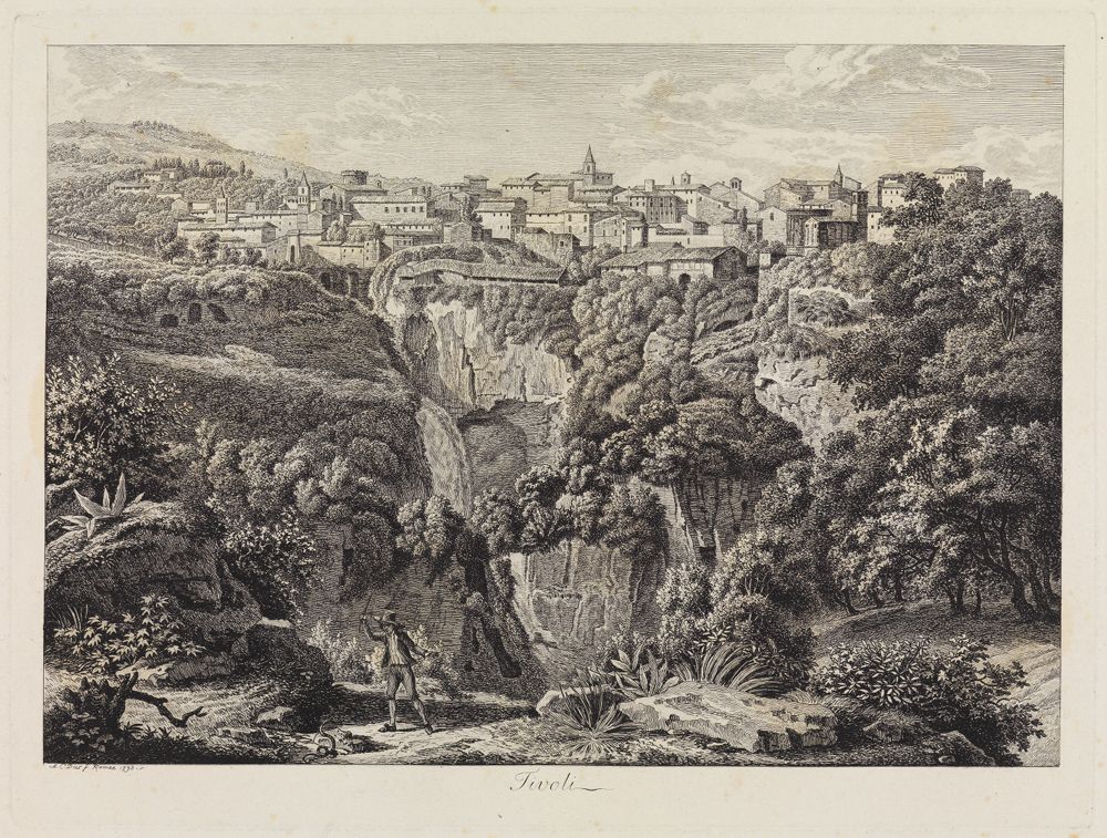 Albert Christoph Dies - Tivoli: Blick auf die Stadt mit Vestatempel und Wasserfall