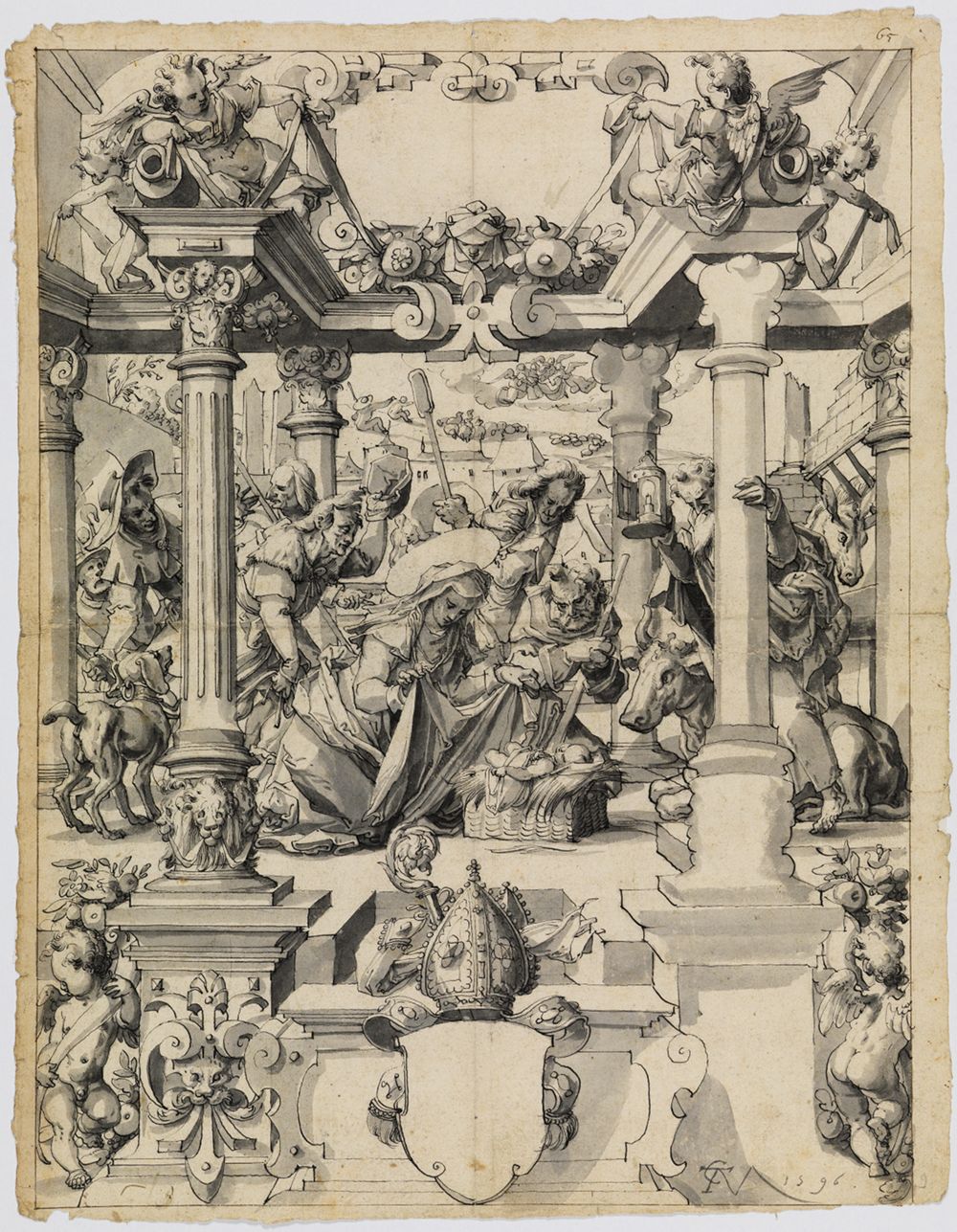 Christoph Murer - Riss mit Geburt Christi, darunter leerer Schild eines Abtswappens