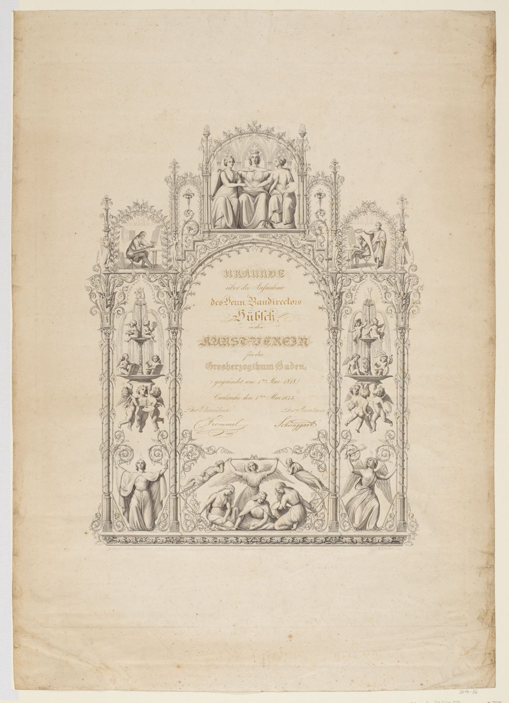 Edouard Schuler - Aufnahmeurkunde des Badischen Kunstvereins für Heinrich Hübsch