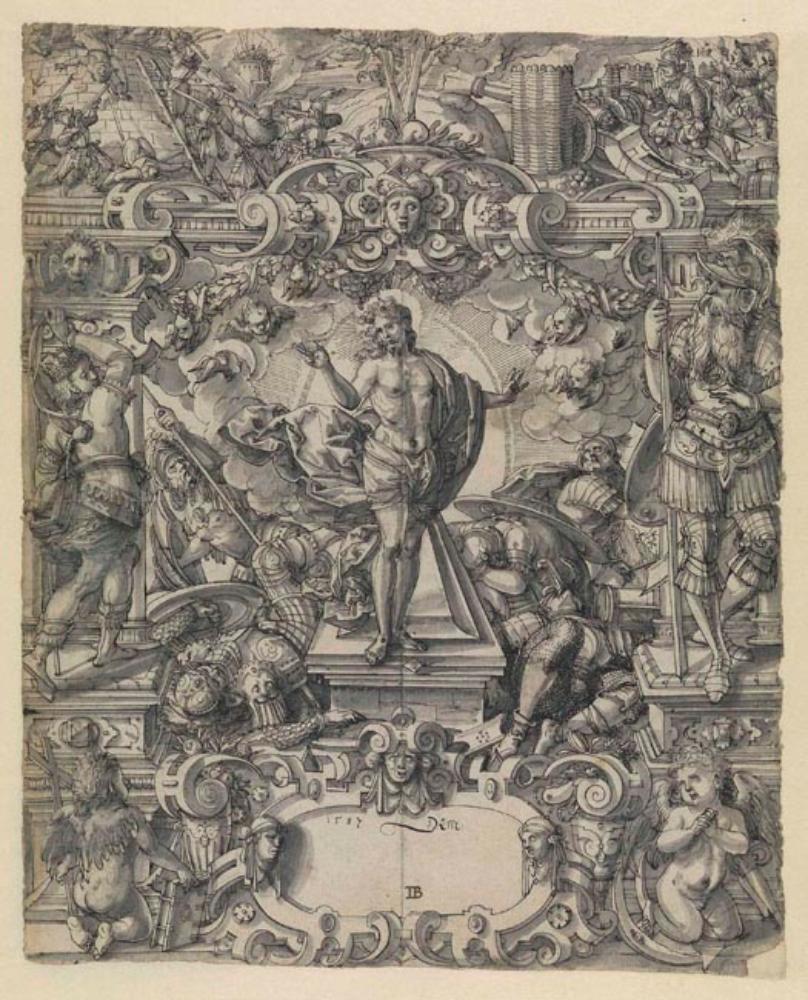 Daniel Lindtmayer (1552) - Riss mit der Auferstehung Christi, flankiert von David und Goliath, im Oberbild Erstürmung einer von Türken verteidigten Festung