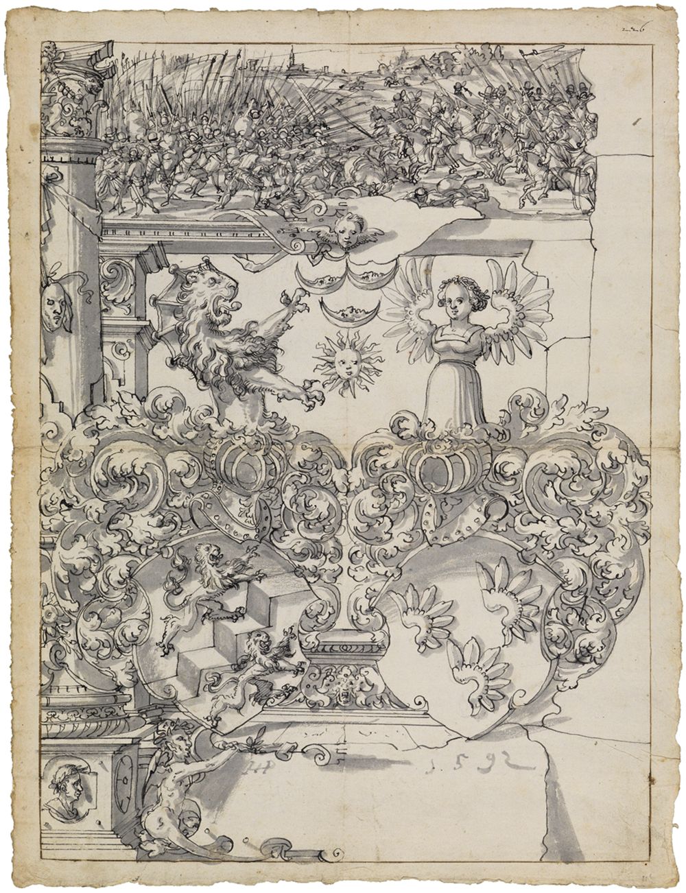 Hans Jakob Plepp - Riss mit Allianzwappen von Diesbach/von Wattenwyl, im Oberbild Kampf zwischen Fußvolk und Reiterei