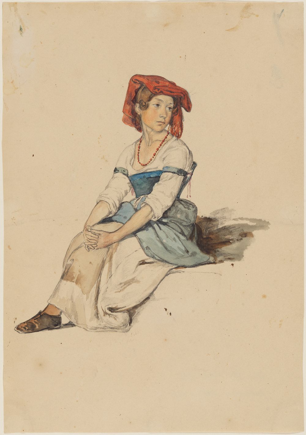 Johann Baptist Kirner - Italienisches Mädchen mit roter Kopfbedeckung, die Hände über den Knien gefaltet