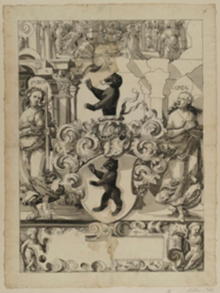 Niklaus von Riedt (zugeschrieben) - Riss mit Wappen des Standes Appenzell, flankiert von Fides und Spes, im Oberbild Urteil des Salomo