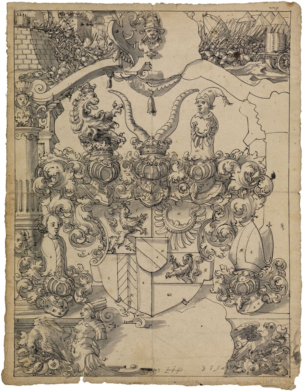 Hans Jakob Plepp - Riss mit Wappen der Markgrafen von Baden-Durlach, im Oberbild Erstürmung einer Stadt